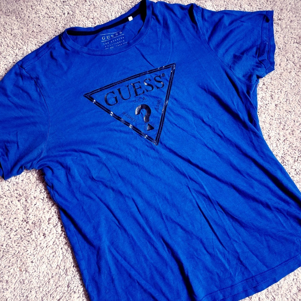 Vintage GUESS Triangle Logo T-shirt Blue, Size S